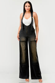 Women's Black Denim Loose Fit Overalls Jumpsuit