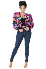 Women's Stylish Woolen Button Jacket with 3D Flower Design