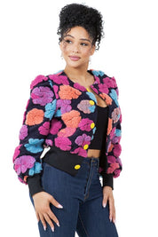 Women's Stylish Woolen Button Jacket with 3D Flower Design
