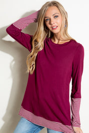 Plus Size Casual Pin Stripe Mixed Long Sleeve Top