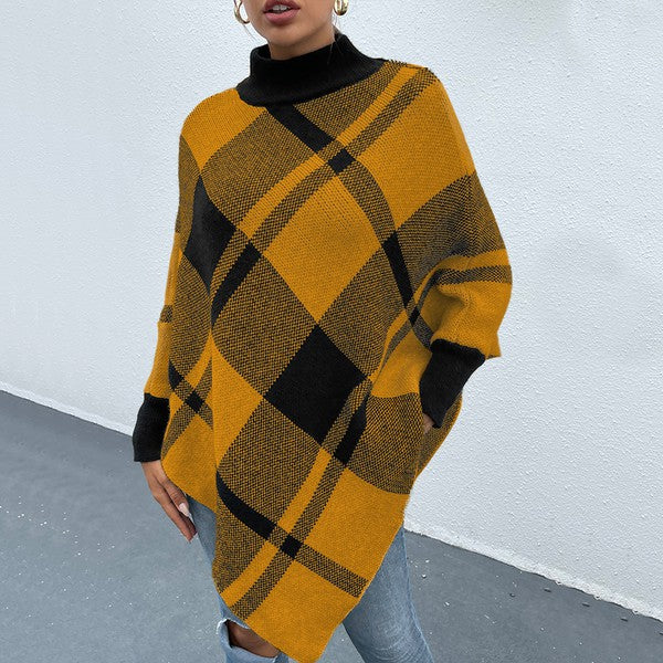 Yellow Mock Neck Plaid Knit Poncho