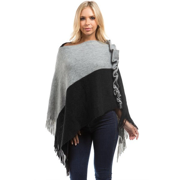 Women's Loose Fit Multicolor Fringe Trim Poncho Sweater