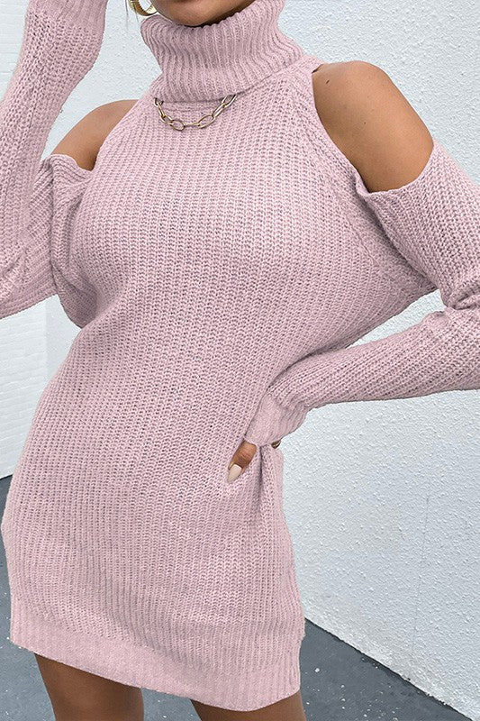 Women's Relaxed Fit Cold-Shoulder Turtleneck Sweater Dress