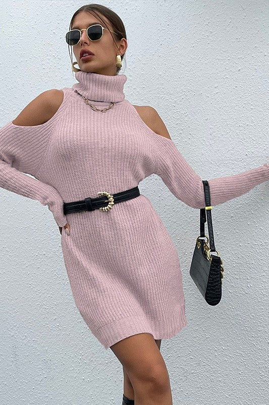 Women's Relaxed Fit Cold-Shoulder Turtleneck Sweater Dress