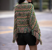 Women's Multicolor Fringe Trim Loose Fit Poncho Sweater