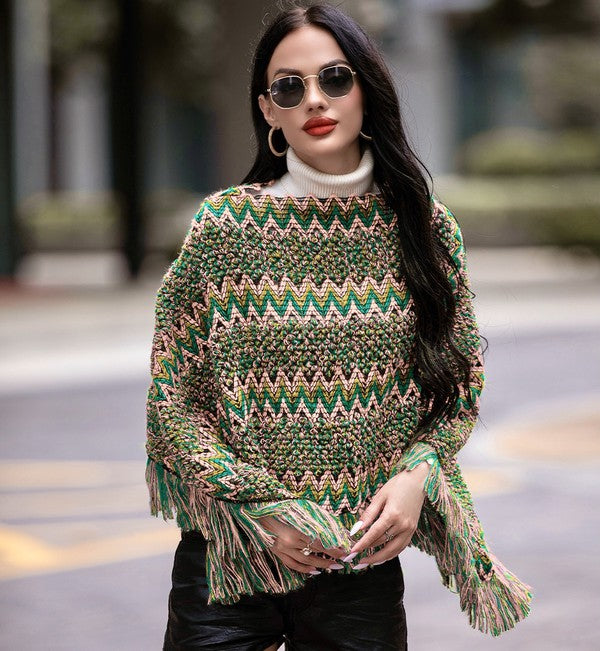 Women's Multicolor Fringe Trim Loose Fit Poncho Sweater