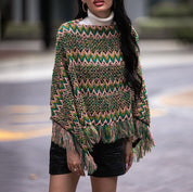 Women's Multicolor Fringe Trim Loose Fit Poncho Sweater