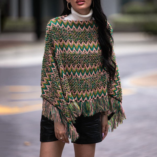 Women's Multicolor Fringe Trim Loose Fit Poncho Sweater