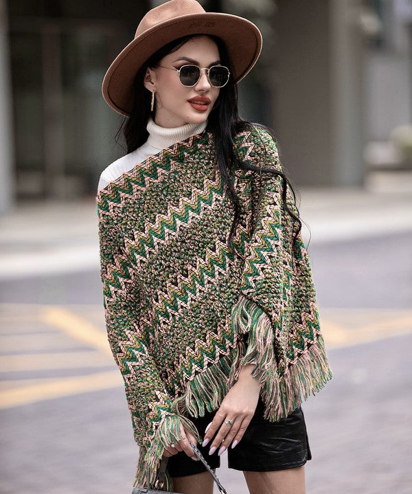 Women's Multicolor Fringe Trim Loose Fit Poncho Sweater