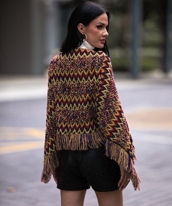 Red Fringe Trim Batwing Sleeve Poncho Sweater