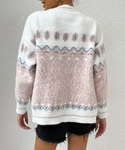 White and Pink Geo Pattern Botton Front Cardigan