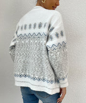 White and Gray Geo Pattern Botton Front Cardigan