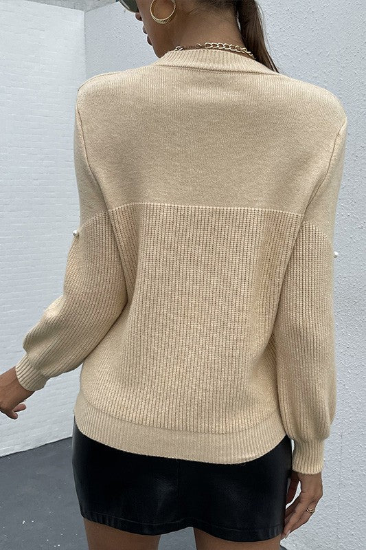 Women's Loose Fit Cream Pearls Beaded Sweater