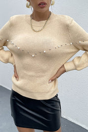 Women's Loose Fit Cream Pearls Beaded Sweater