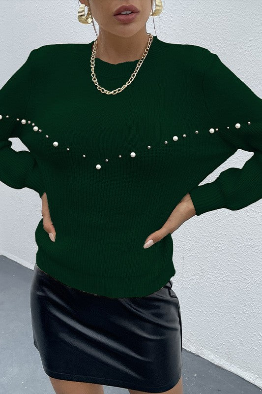 Women's Casual Loose Fit Pearls Beaded Sweater