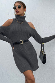 Women's Relaxed Cold-Shoulder Turtleneck Sweater Dress