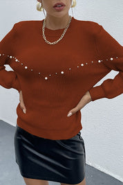 Brown Essence Pearls Beaded Sweater