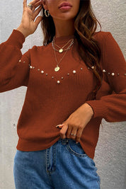 Brown Essence Pearls Beaded Sweater