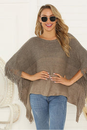 Women's Batwing Sleeve Fringe Trim Poncho