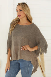 Women's Batwing Sleeve Fringe Trim Poncho