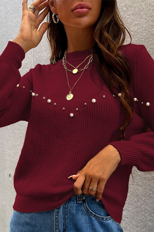 Women's Casual Loose Fit Pearls Beaded Sweater