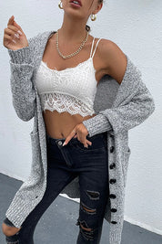 Women's Casual Loose Fit Hooded Gray Knit Cardigan