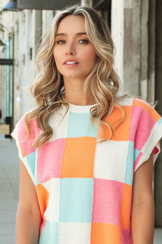 Women's Retro Multi-Color Checker Sweater Vest