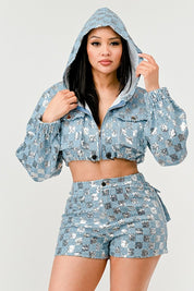 Women's Cropped Sequin Hoodie and High-Waisted Shorts Set