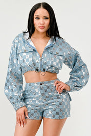 Women's Cropped Sequin Hoodie and High-Waisted Shorts Set