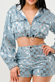 Women's Cropped Sequin Hoodie and High-Waisted Shorts Set