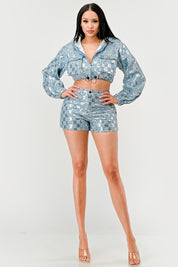 Women's Cropped Sequin Hoodie and High-Waisted Shorts Set