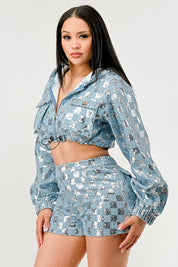 Women's Cropped Sequin Hoodie and High-Waisted Shorts Set