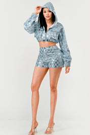 Women's Cropped Sequin Hoodie and High-Waisted Shorts Set