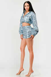 Women's Cropped Sequin Hoodie and High-Waisted Shorts Set