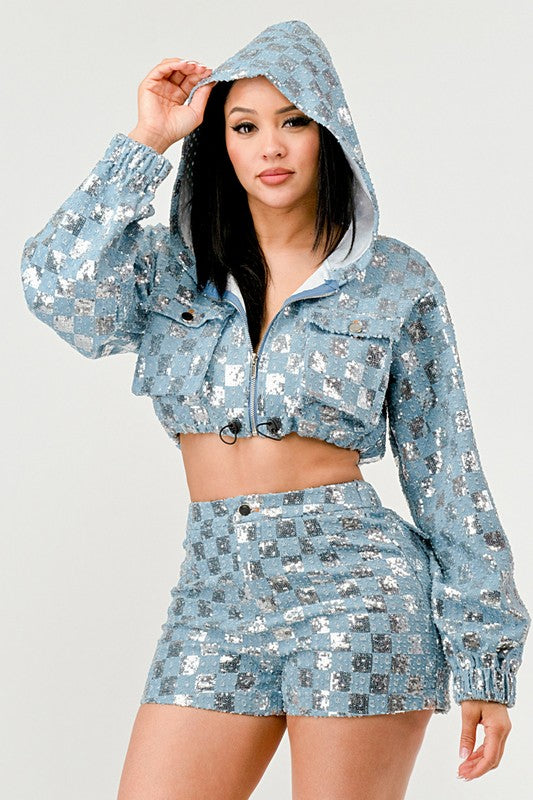 Women's Cropped Sequin Hoodie and High-Waisted Shorts Set