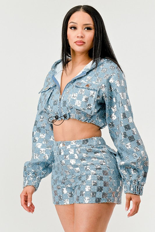 Women's Cropped Sequin Hoodie and High-Waisted Shorts Set