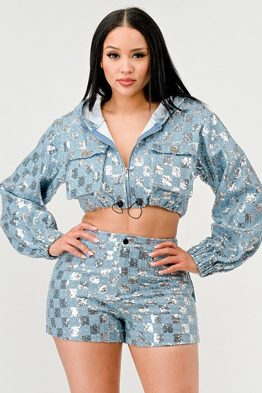 Women's Cropped Sequin Hoodie and High-Waisted Shorts Set