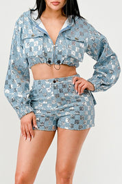 Women's Cropped Sequin Hoodie and High-Waisted Shorts Set