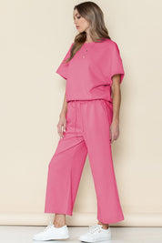 Women's Strawberry Pink Textured T-Shirt and Drawstring Pants Set