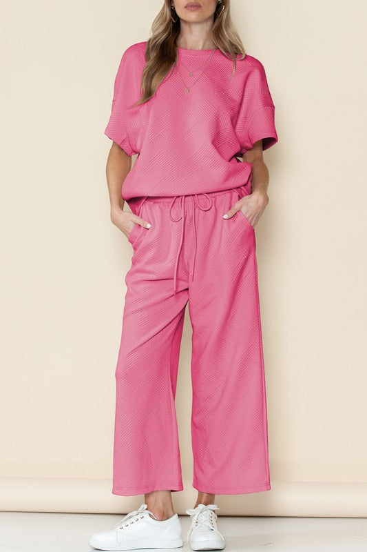 Women's Strawberry Pink Textured T-Shirt and Drawstring Pants Set