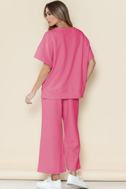 Women's Strawberry Pink Textured T-Shirt and Drawstring Pants Set