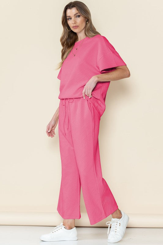 Women's Strawberry Pink Textured T-Shirt and Drawstring Pants Set