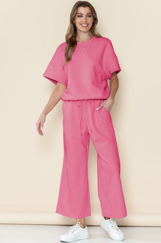 Women's Strawberry Pink Textured T-Shirt and Drawstring Pants Set