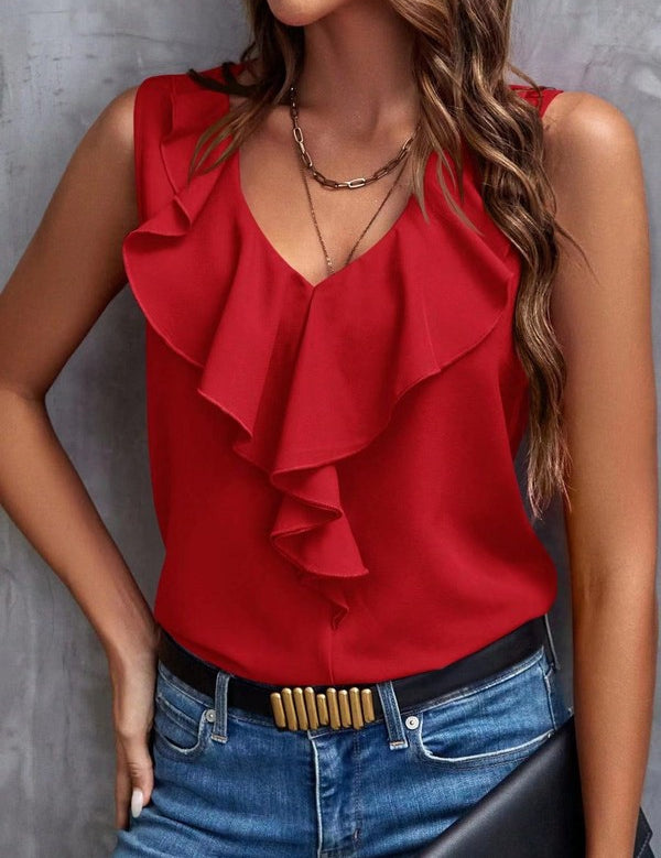 Women's V-Neck Ruffle Trim Top