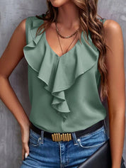 Women's V-Neck Ruffle Trim Top