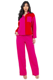 Women's Color Block Long Sleeve Two-Piece Pants Set