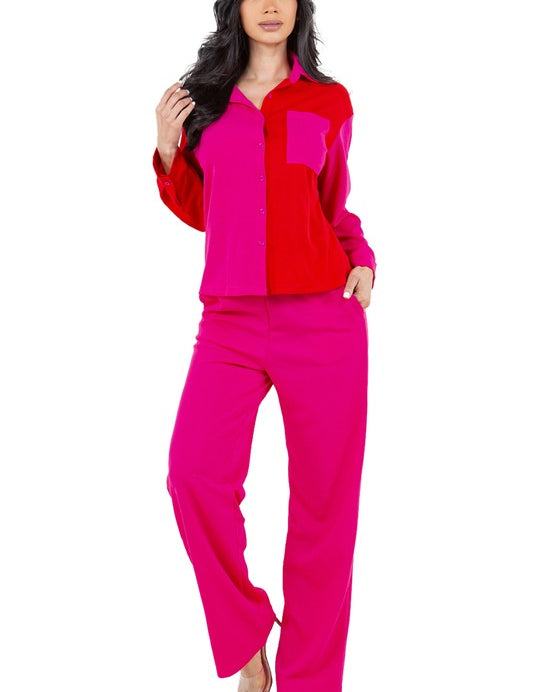 Women's Color Block Long Sleeve Two-Piece Pants Set