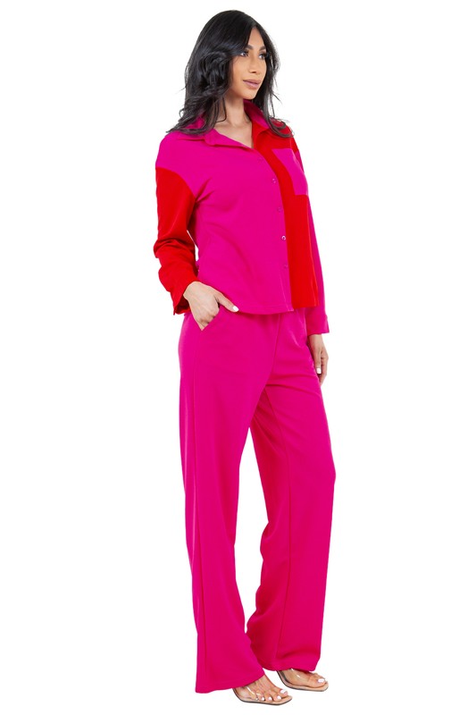 Women's Color Block Long Sleeve Two-Piece Pants Set