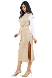 Women's Sleeveless Fashion Sweater Dress with Belted Waist