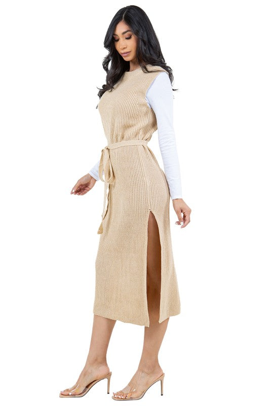 Women's Sleeveless Fashion Sweater Dress with Belted Waist